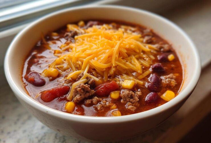 A close-up of a white bowl filled with rich crockpot cowboy soup, topped with shredded cheddar cheese, beans, and corn.