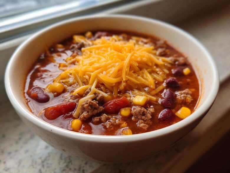 A close-up of a white bowl filled with rich crockpot cowboy soup, topped with shredded cheddar cheese, beans, and corn.