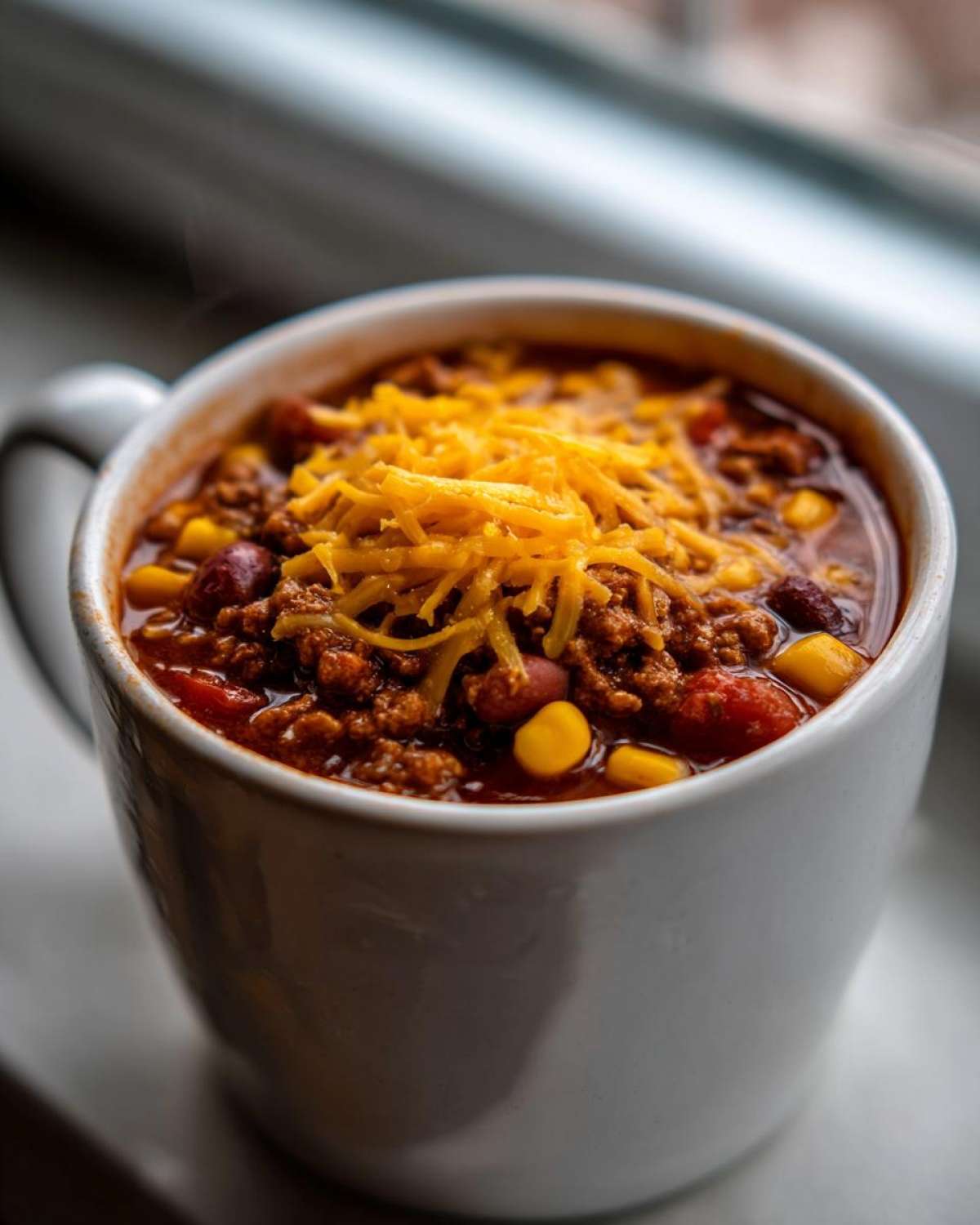 Close-up of a white mug filled with rich crockpot cowboy soup, topped generously with shredded cheddar cheese.