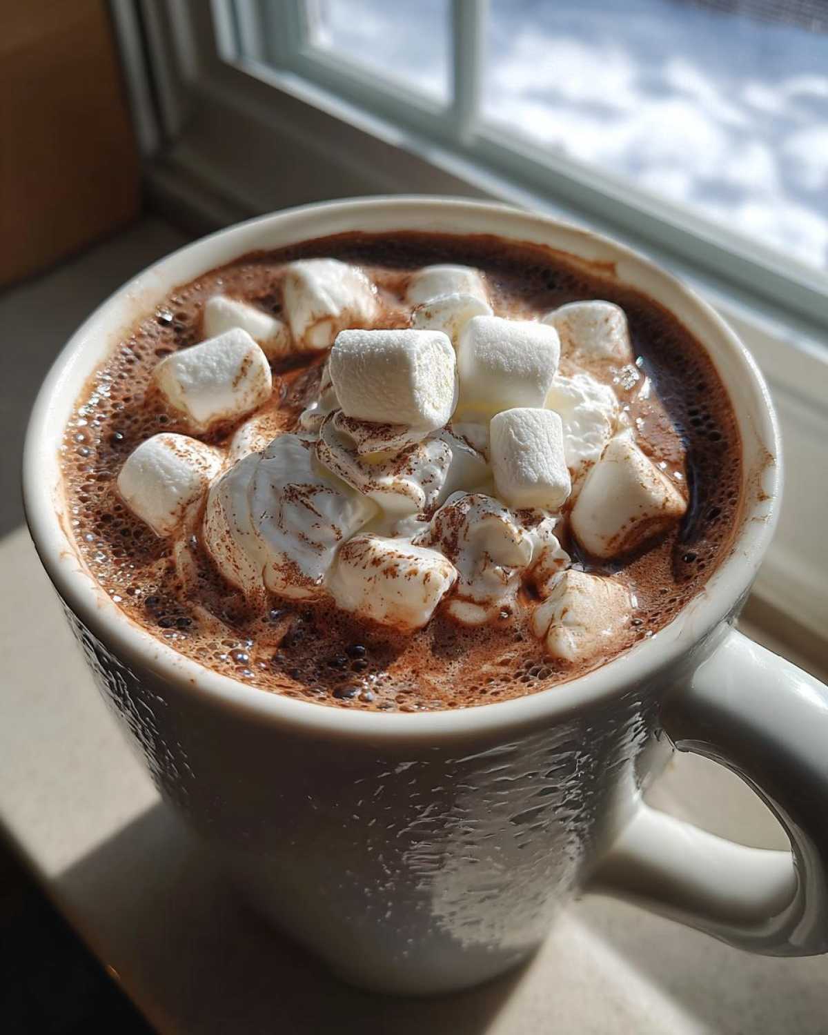 Close-up of a white mug filled with rich crockpot hot chocolate, topped with whipped cream and marshmallows.