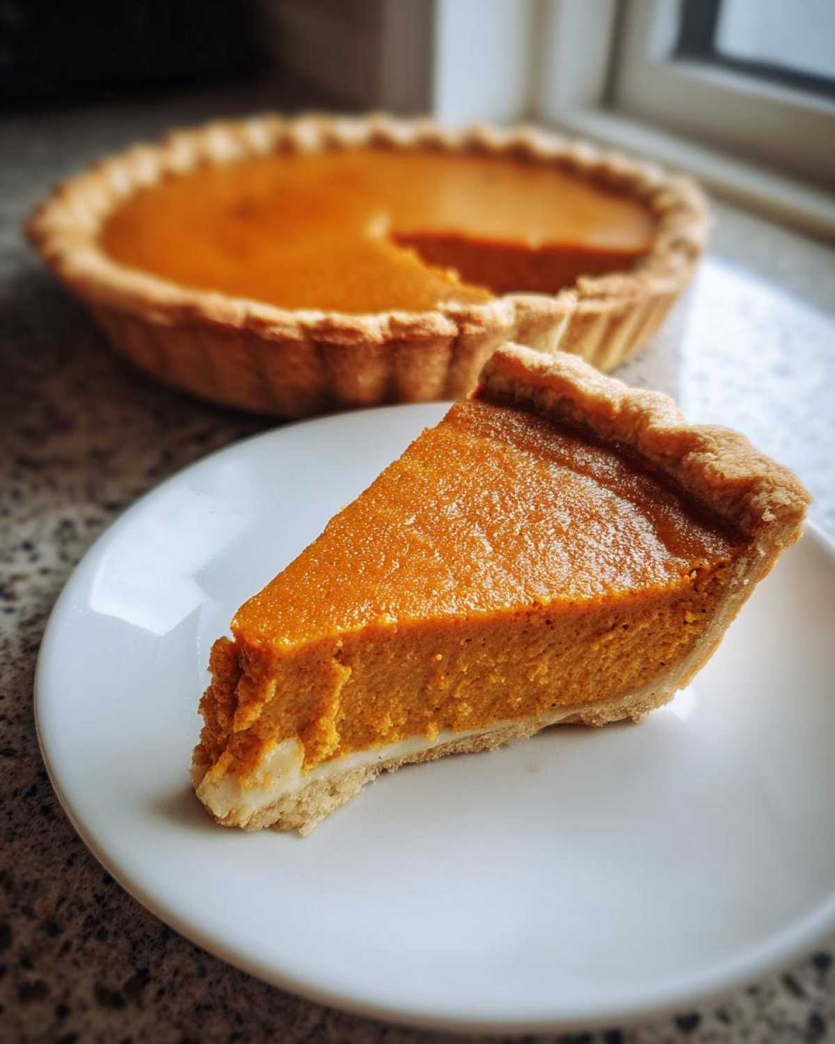 A close-up of a perfect slice of easy pumpkin pie resting on a white plate, with the rest of the pie blurred in the background.