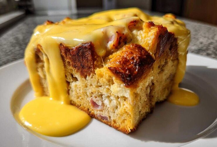 A thick, square slice of baked eggs benedict casserole topped generously with rich, yellow hollandaise sauce.