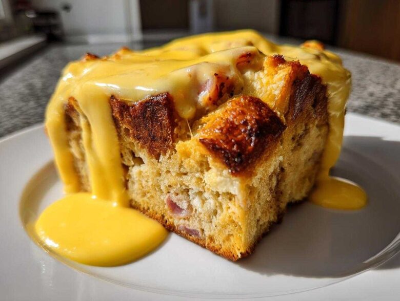 A thick, square slice of baked eggs benedict casserole topped generously with rich, yellow hollandaise sauce.