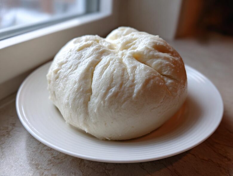 A large, smooth, white ball of freshly made fufu resting on a small white plate near a window.