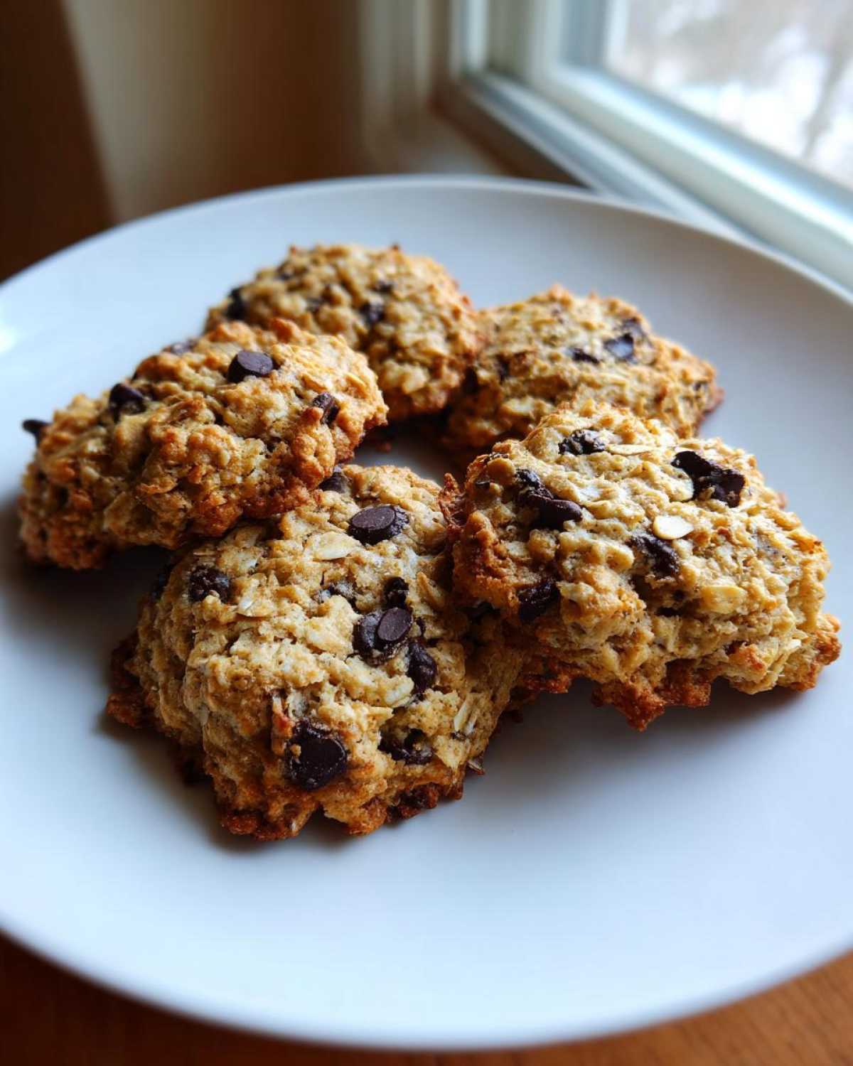 Five freshly baked oatmeal chocolate chip breakfast cookie treats stacked on a white plate near a window.