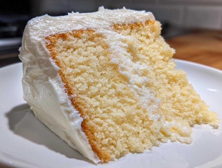 Close-up of a moist cake slice generously topped with fluffy vanilla buttercream frosting.