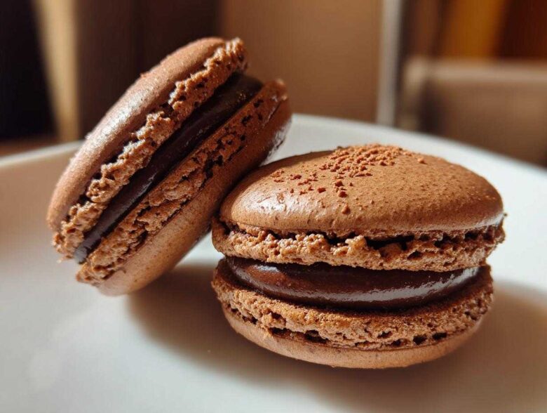 Close-up of two perfectly formed chocolate macarons with rich ganache filling, showcasing their ruffled feet.