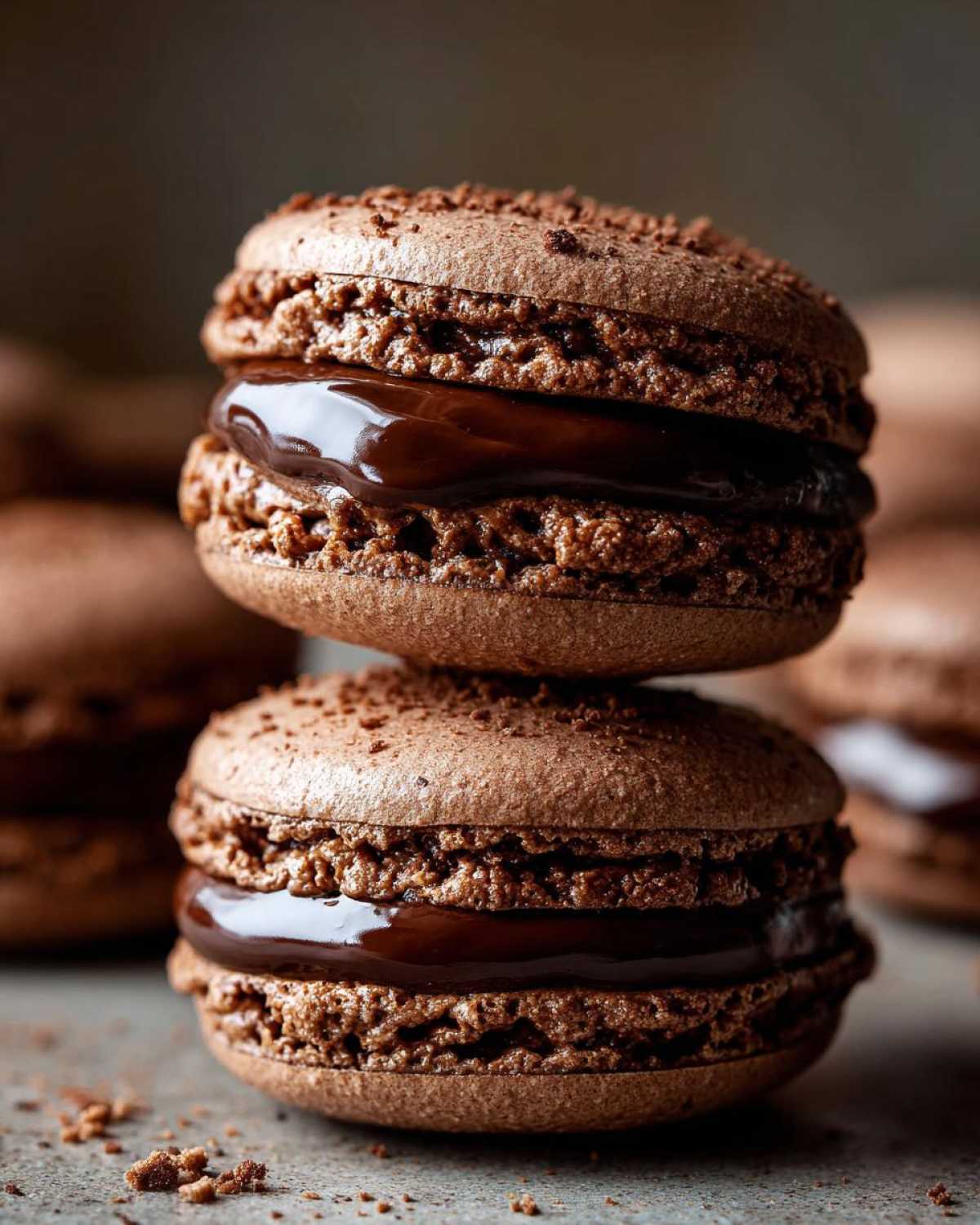 Close-up of two stacked chocolate macarons filled with glossy ganache, showcasing the feet and texture of the chocolate macarons.
