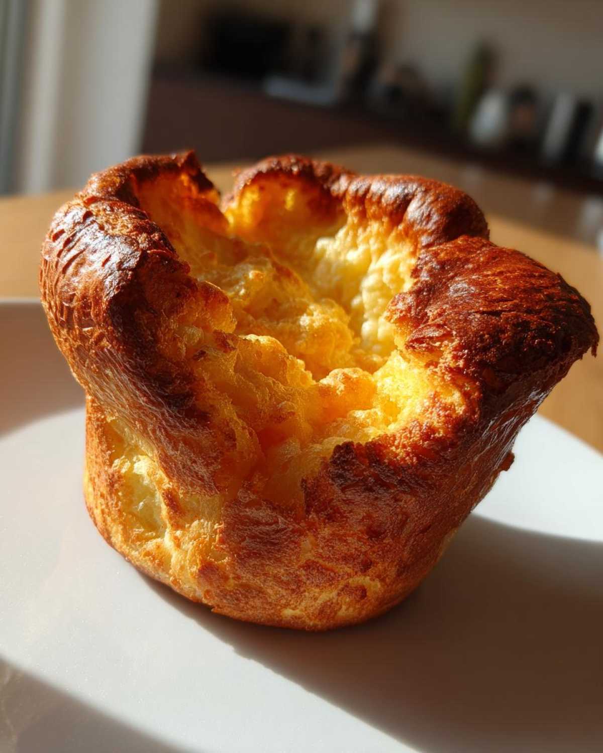 A single, perfectly risen yorkshire pudding with a deep golden-brown, crispy exterior and a soft, airy center.