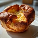 A single, golden-brown, perfectly risen yorkshire pudding sitting on a white plate, showing its crispy edges.