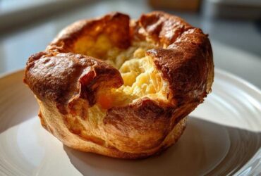 A single, golden-brown, perfectly risen yorkshire pudding sitting on a white plate, showing its crispy edges.