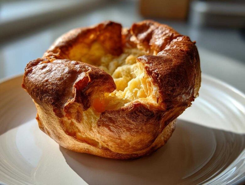 A single, golden-brown, perfectly risen yorkshire pudding sitting on a white plate, showing its crispy edges.