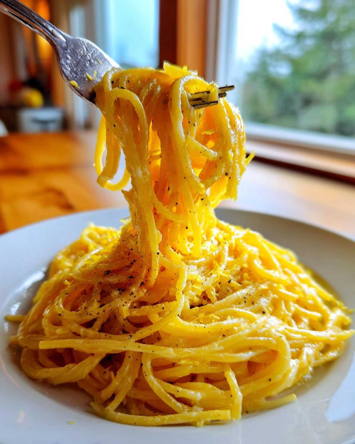 A fork lifting a generous portion of bright yellow Creamy Lemon Pasta, topped with fresh black pepper.