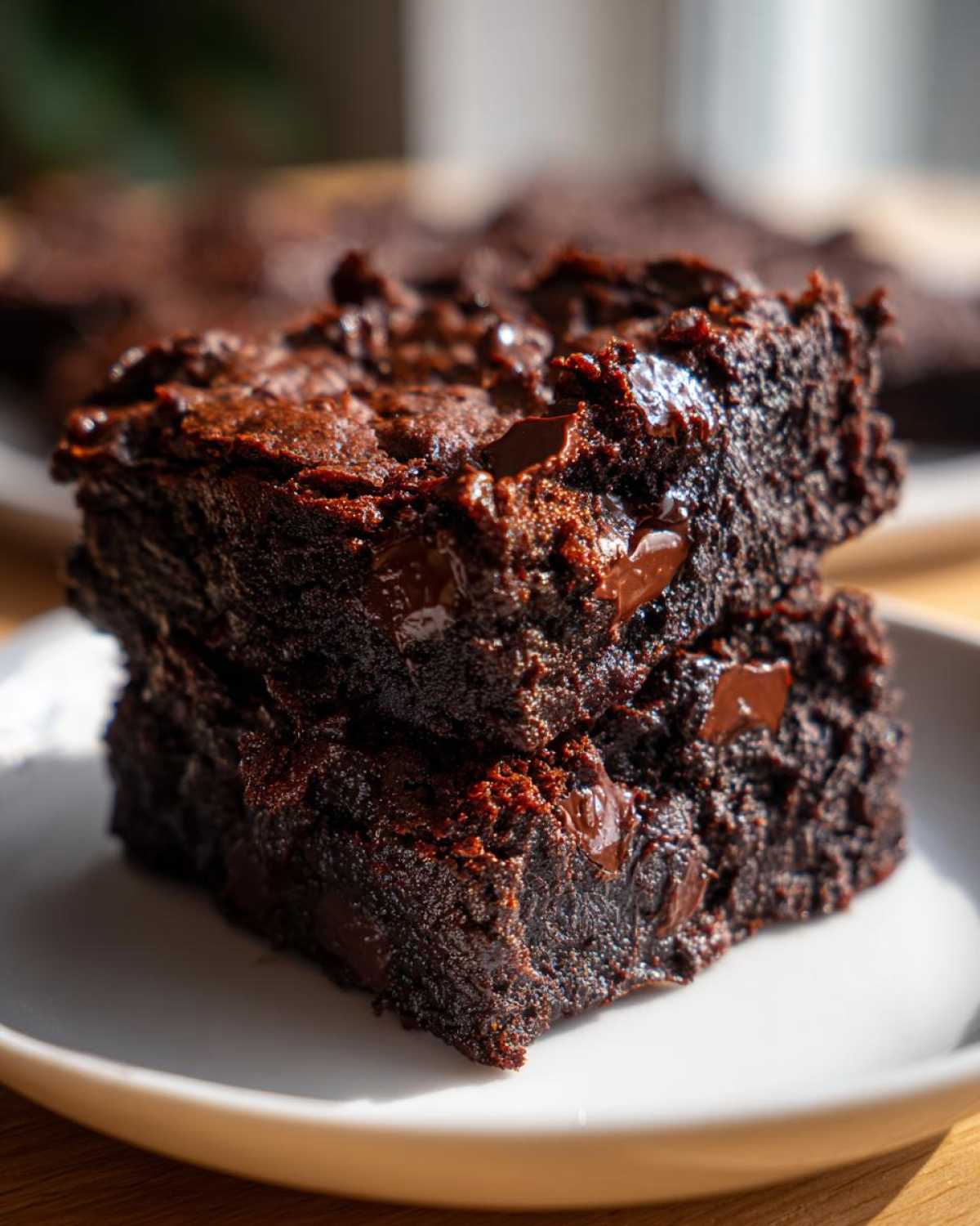 Two rich, fudgy black bean brownies stacked on a white plate, showing melted chocolate chips throughout.