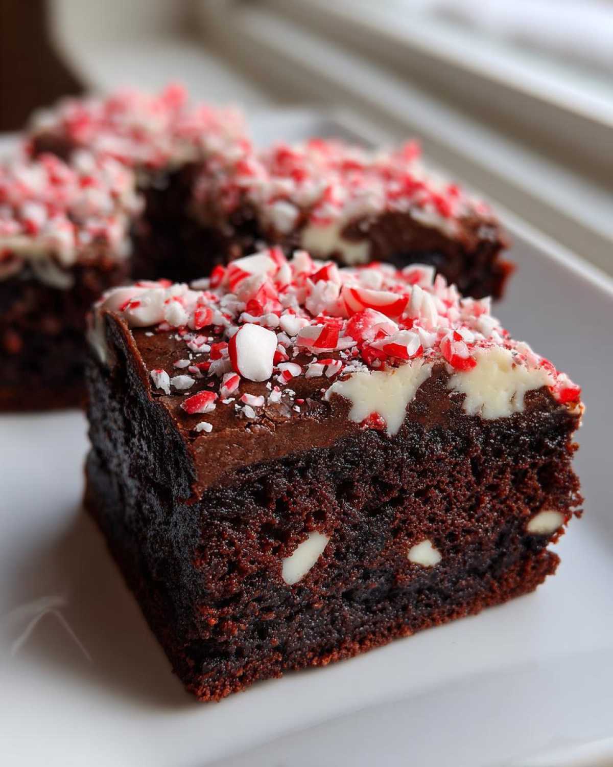 A close-up, fudgy square of candy cane brownies topped with white frosting and crushed peppermint candy.