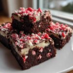 Four fudgy candy cane brownies stacked on a white plate, topped with white frosting and crushed peppermint.