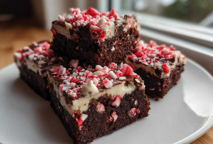 Four fudgy candy cane brownies stacked on a white plate, topped with white frosting and crushed peppermint.