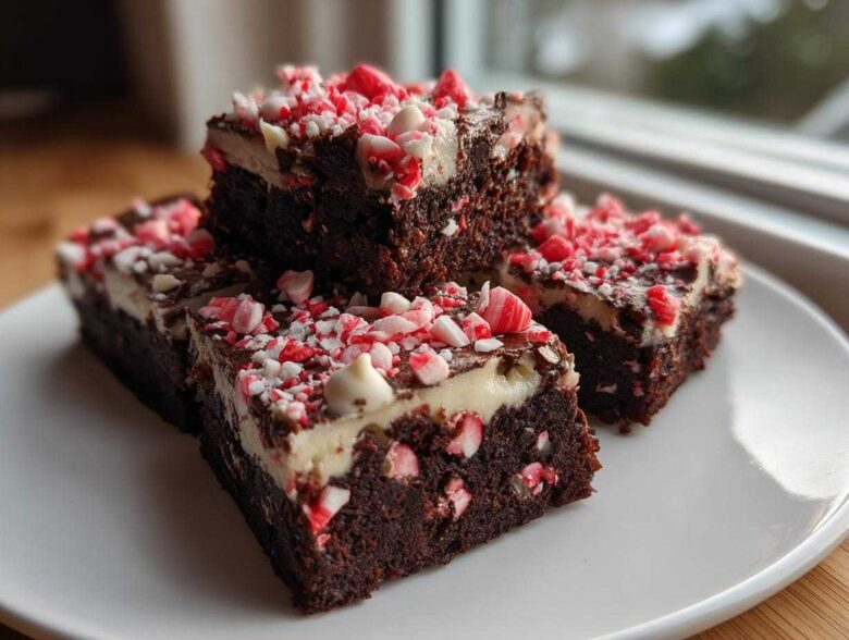 Four fudgy candy cane brownies stacked on a white plate, topped with white frosting and crushed peppermint.