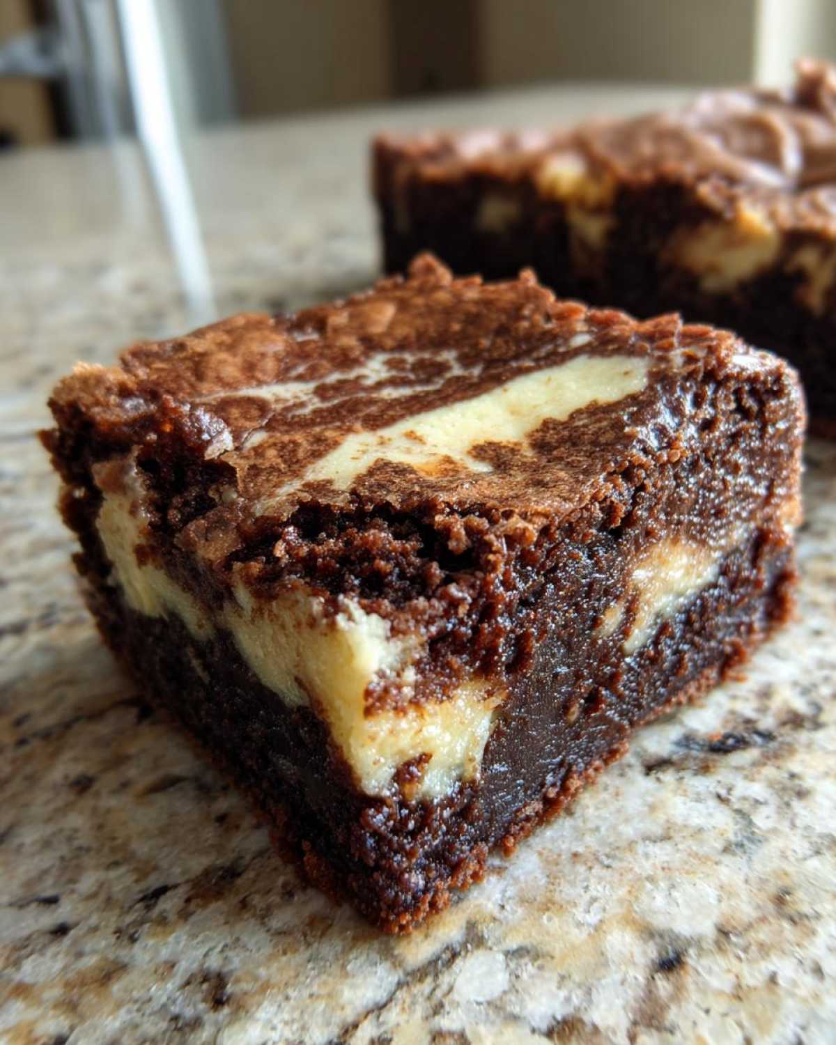 Close-up of a fudgy, dark chocolate cream cheese brownies square with marbled topping.