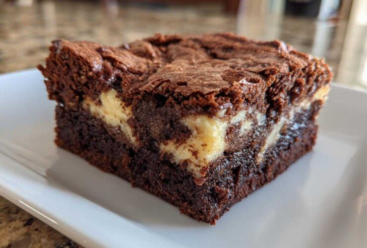 Close-up of a rich, fudgy slice of cream cheese brownies showing the dark chocolate base and swirls of cheesecake.