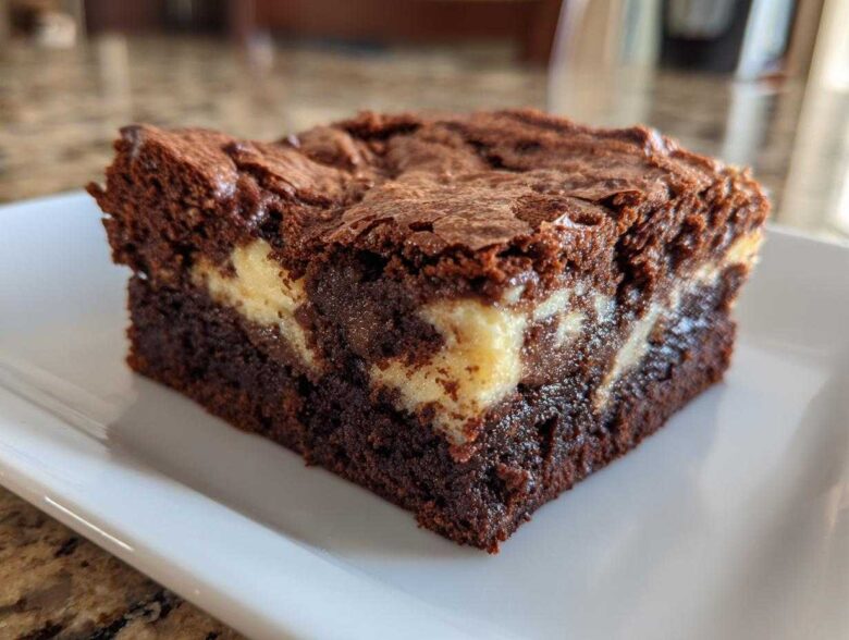 Close-up of a rich, fudgy slice of cream cheese brownies showing the dark chocolate base and swirls of cheesecake.