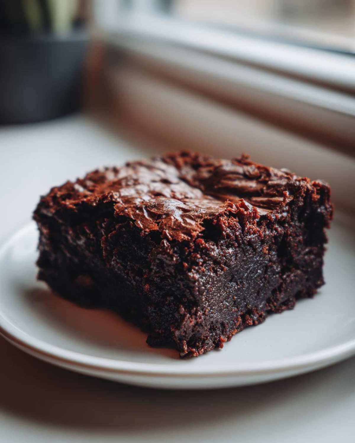 A single, rich, fudgy slice of dark chocolate date brownies resting on a white plate near a window.