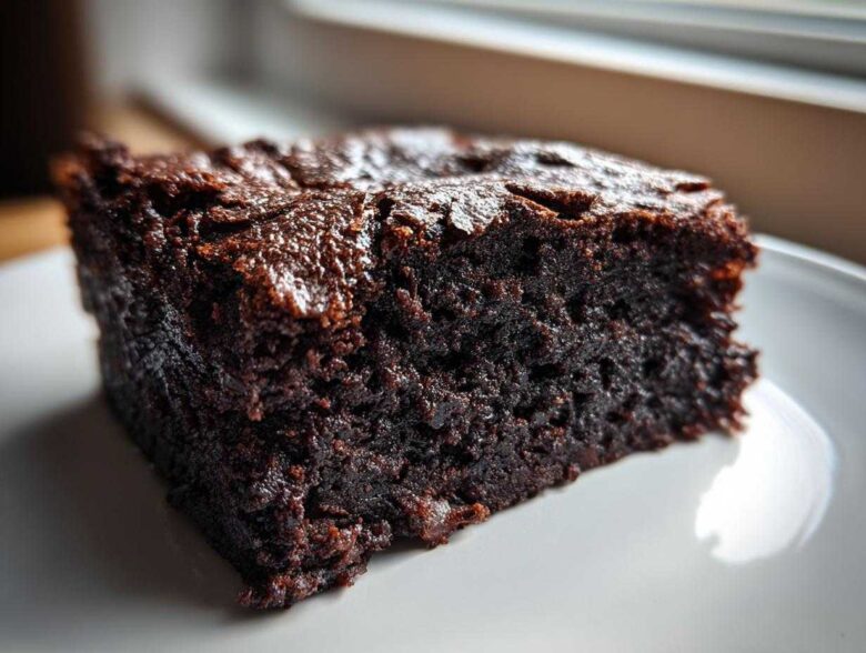 Close-up of a thick, fudgy slice of dark chocolate date brownies on a white plate.