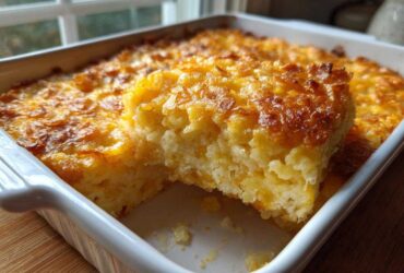 A slice of creamy funeral potatoes recipe with a golden, crunchy cornflake topping in a white baking dish.