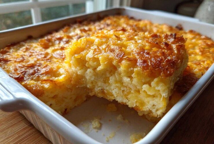 A slice of creamy funeral potatoes recipe with a golden, crunchy cornflake topping in a white baking dish.