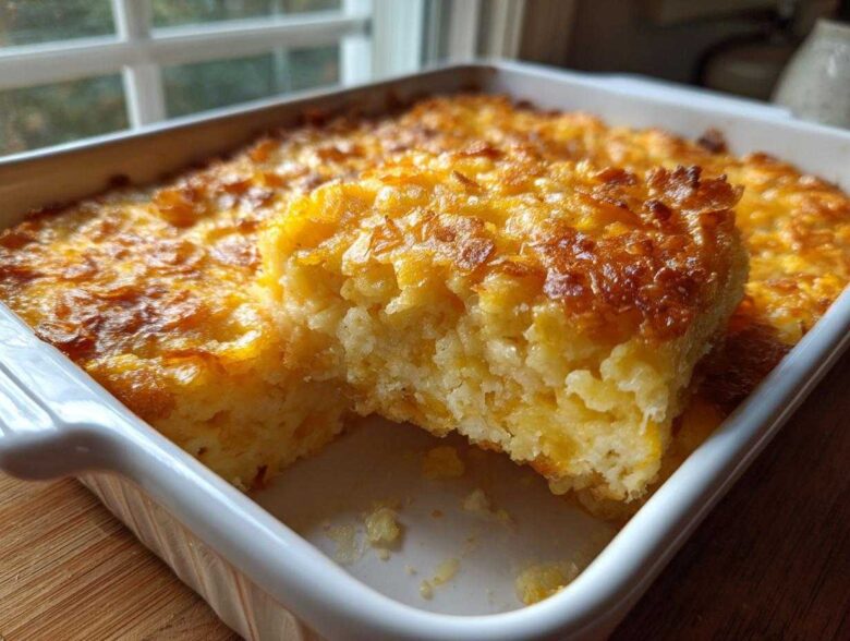 A slice of creamy funeral potatoes recipe with a golden, crunchy cornflake topping in a white baking dish.