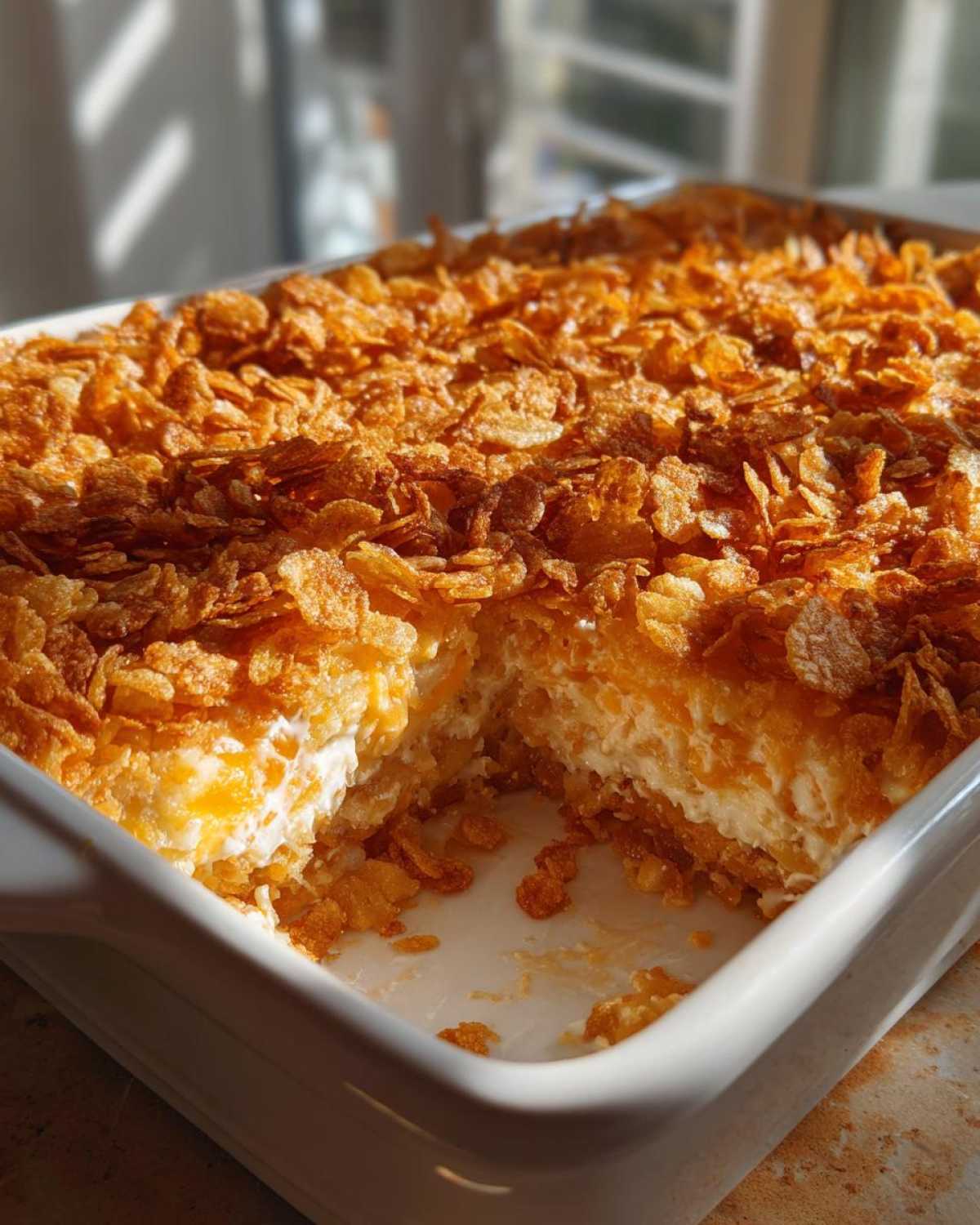 A close-up of a creamy funeral potatoes recipe in a white baking dish with a crunchy, golden cornflake topping.