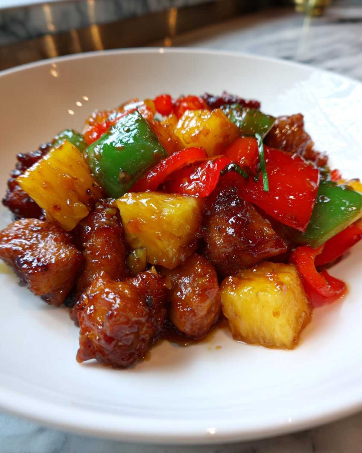 Close-up of glazed chicken pieces mixed with chunks of pineapple, red, and green peppers from the hawaiian chicken sheet pan.