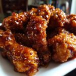 Close-up of crispy chicken pieces heavily coated in a thick, shiny honey garlic sauce and sprinkled with sesame seeds.