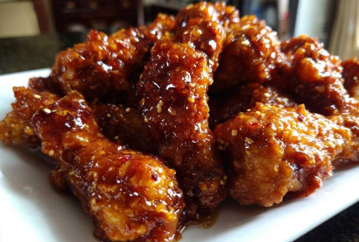 Close-up of crispy chicken pieces heavily coated in a thick, shiny honey garlic sauce and sprinkled with sesame seeds.