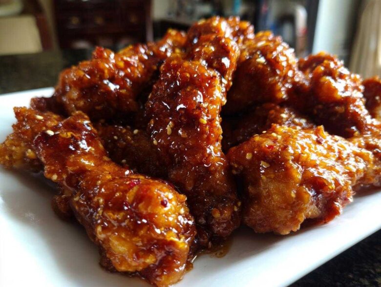 Close-up of crispy chicken pieces heavily coated in a thick, shiny honey garlic sauce and sprinkled with sesame seeds.