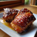 Two perfectly glazed and caramelized honey garlic chicken thighs resting in sauce on a white plate.