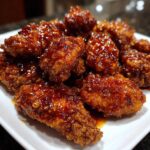 Close-up of crispy chicken pieces generously coated in a thick, glossy honey garlic chicken sauce.