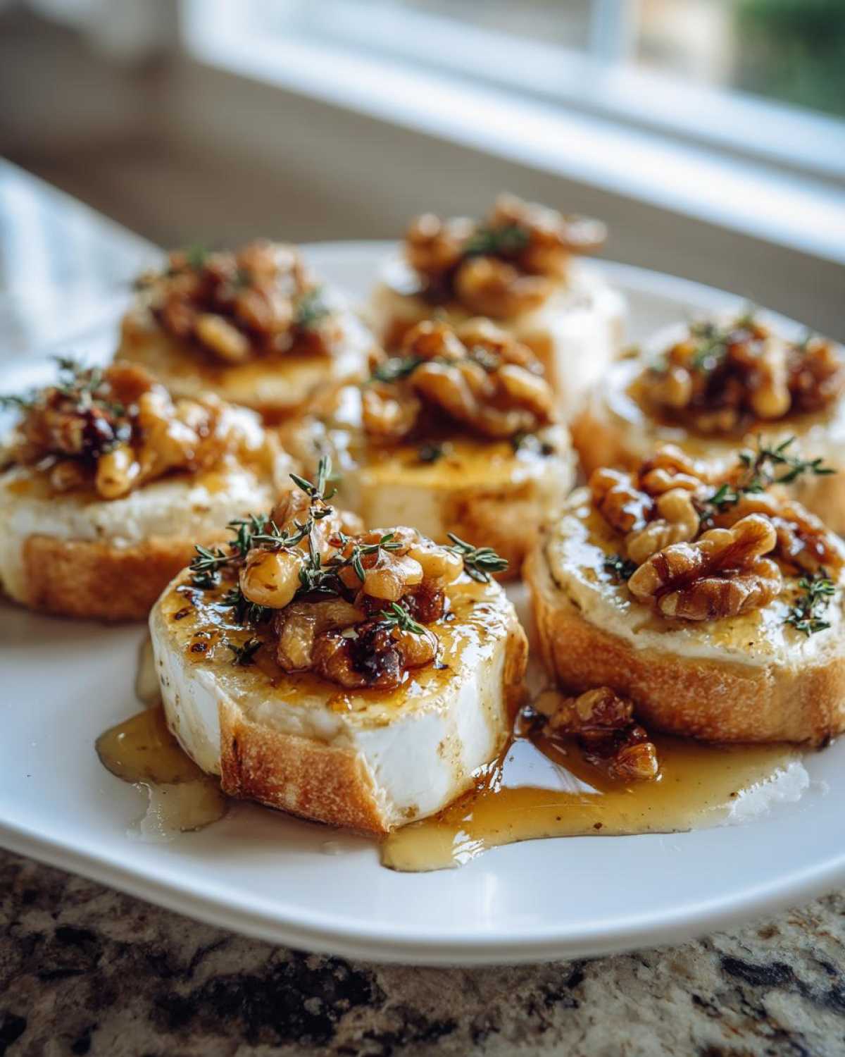 Close-up of several goat cheese and honey bites served on toasted bread, topped with walnuts and thyme.