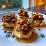 Four warm goat cheese and honey bites topped with glazed walnuts and fresh thyme sprigs.