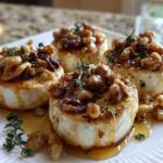 Four perfectly seared goat cheese and honey bites topped with candied walnuts and fresh thyme sprigs.