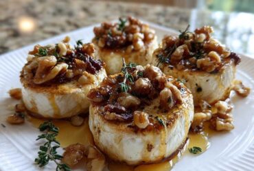Four perfectly seared goat cheese and honey bites topped with candied walnuts and fresh thyme sprigs.
