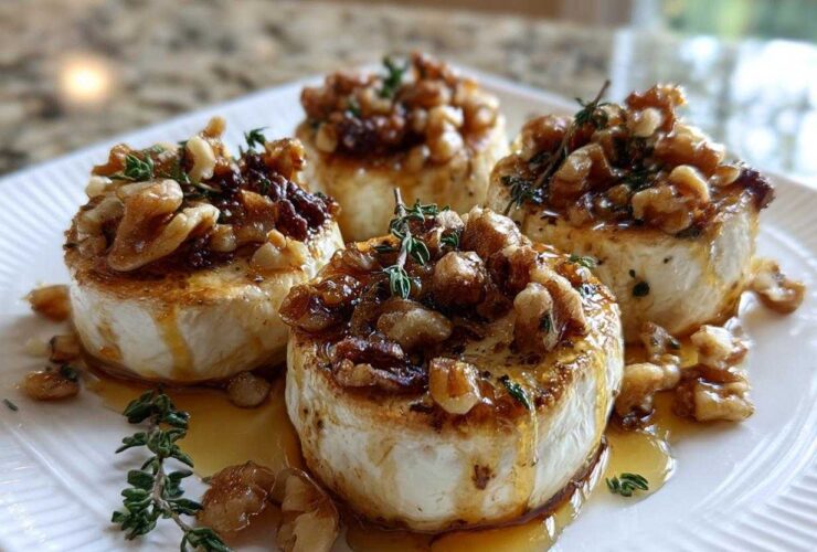 Four perfectly seared goat cheese and honey bites topped with candied walnuts and fresh thyme sprigs.