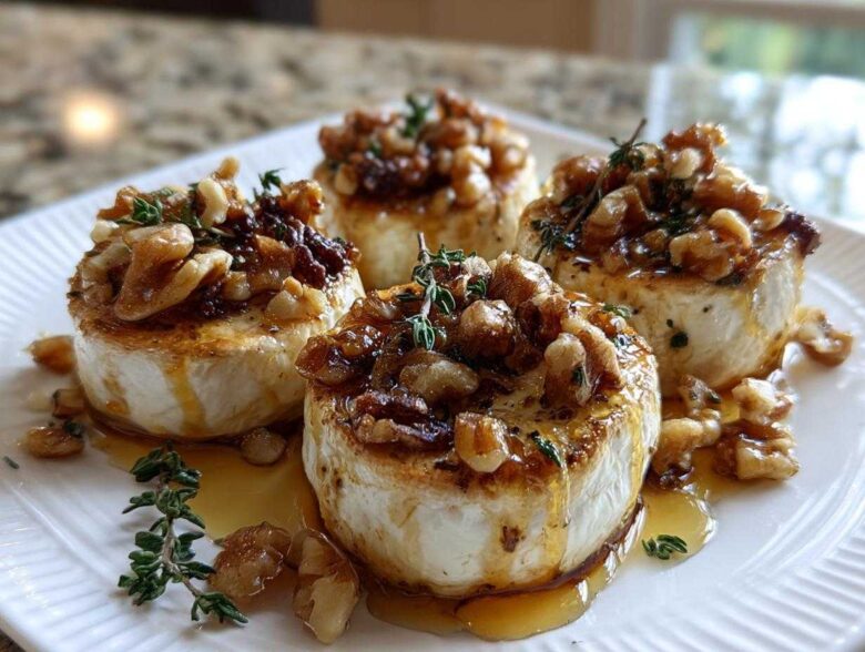 Four perfectly seared goat cheese and honey bites topped with candied walnuts and fresh thyme sprigs.