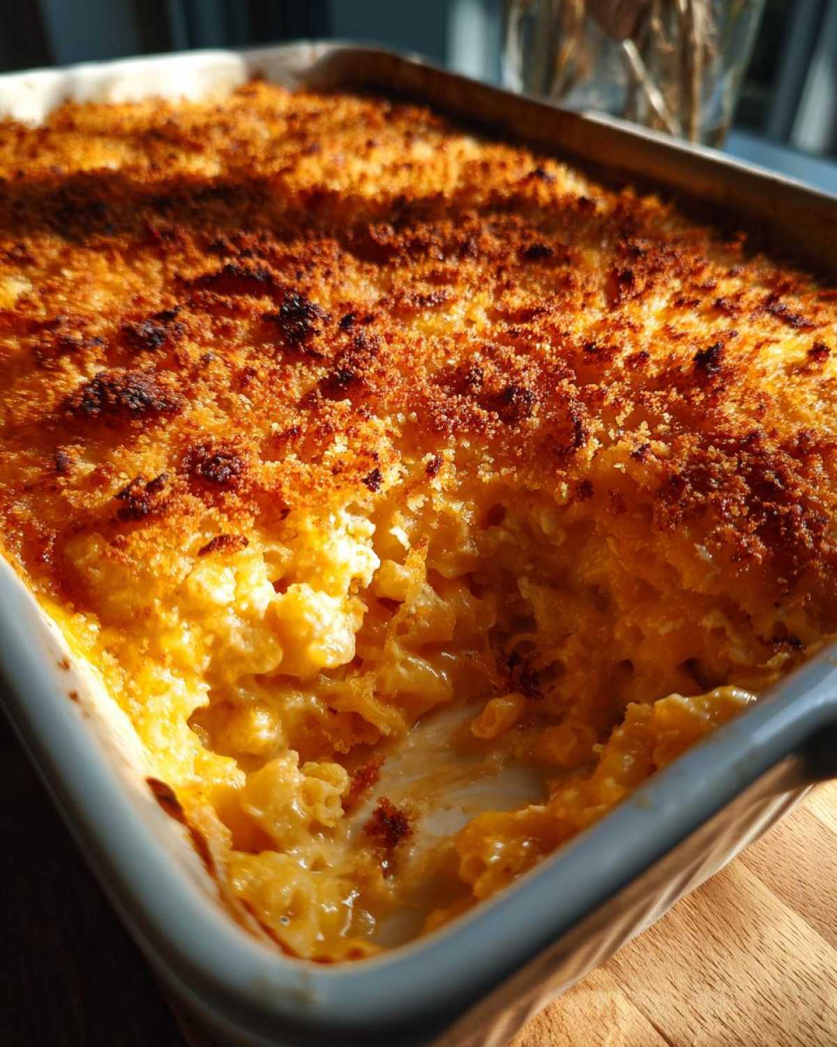 Close-up of creamy baked mac and cheese recipe with a crispy, golden-brown breadcrumb topping.