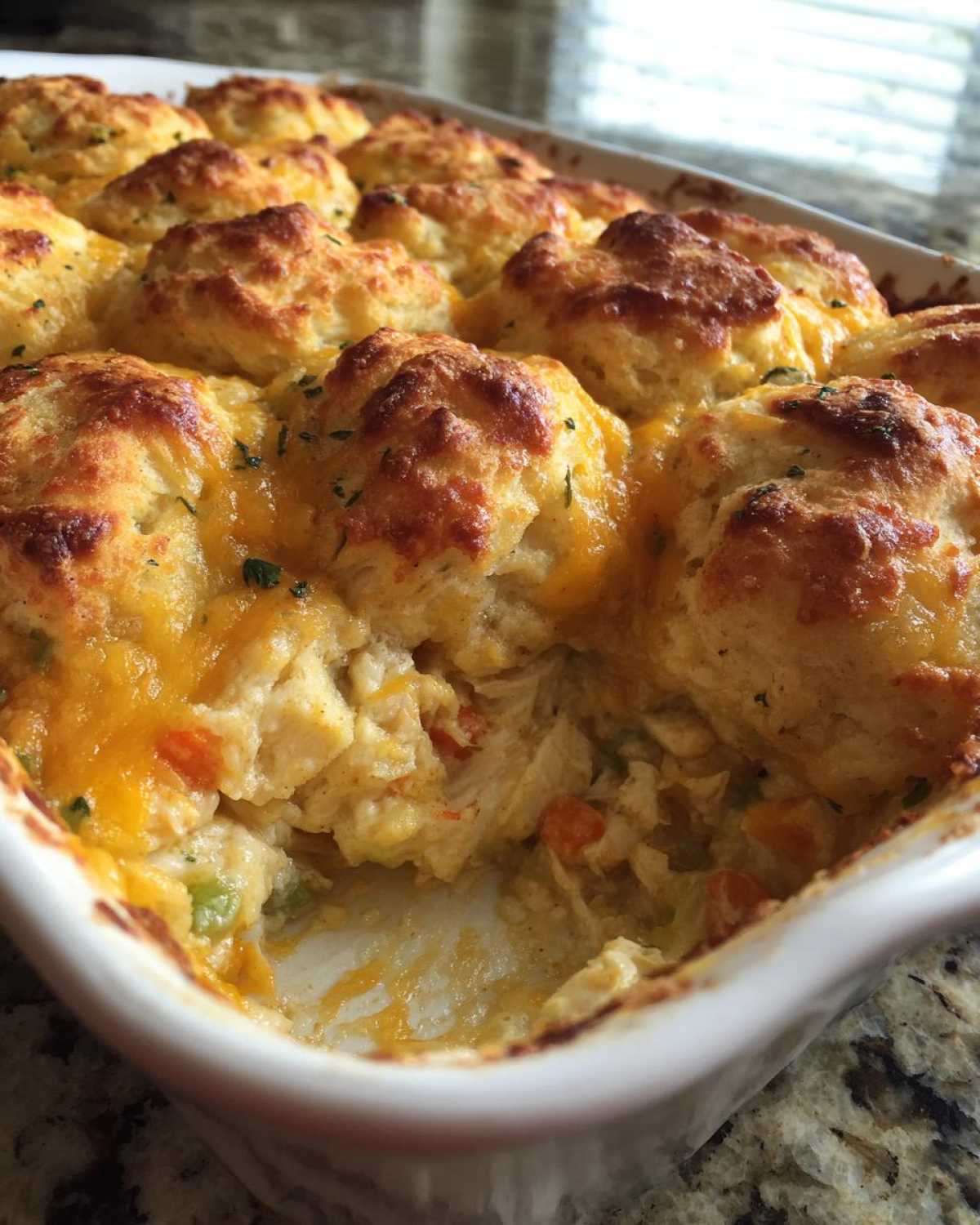 Close-up of a freshly baked chicken cobbler with golden biscuits, melted cheddar cheese, and a serving scooped out.