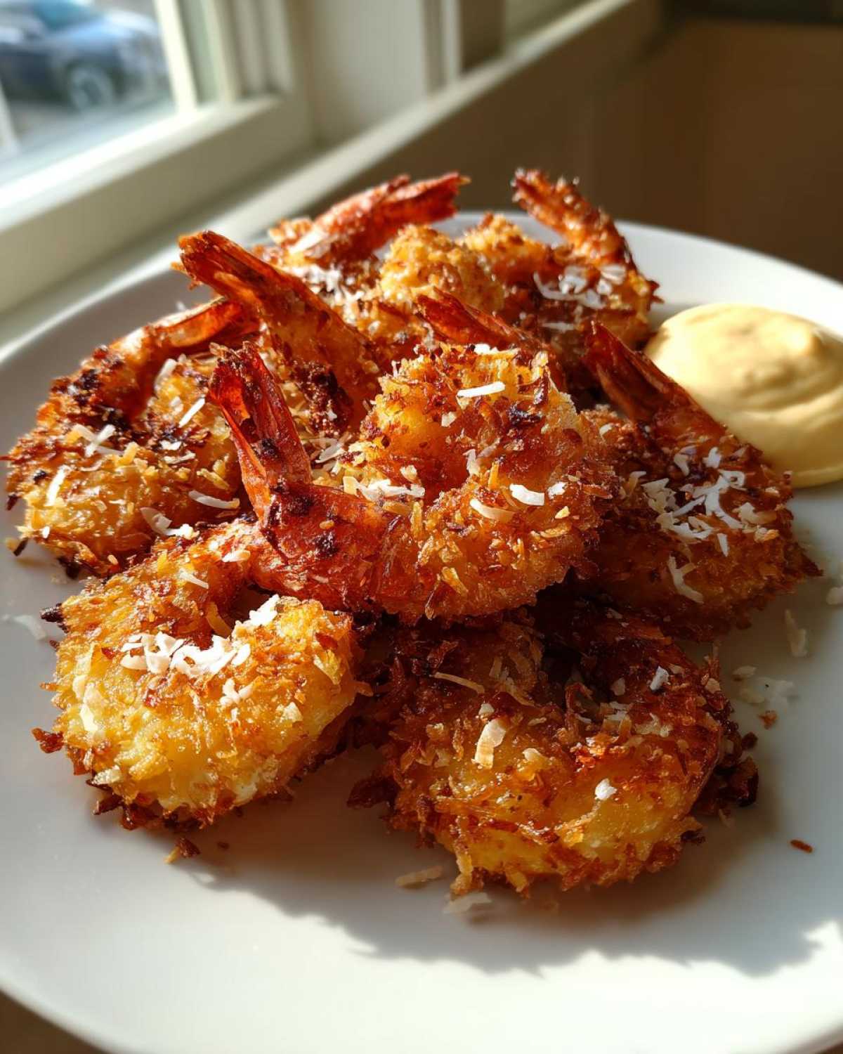 A plate of crispy, golden brown coconut shrimp sprinkled with shredded coconut, served with a side of yellow dipping sauce.