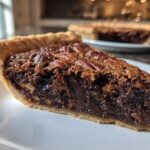 Close-up of a thick, gooey slice of chocolate pecan pie with pecans on top, resting on a white plate.