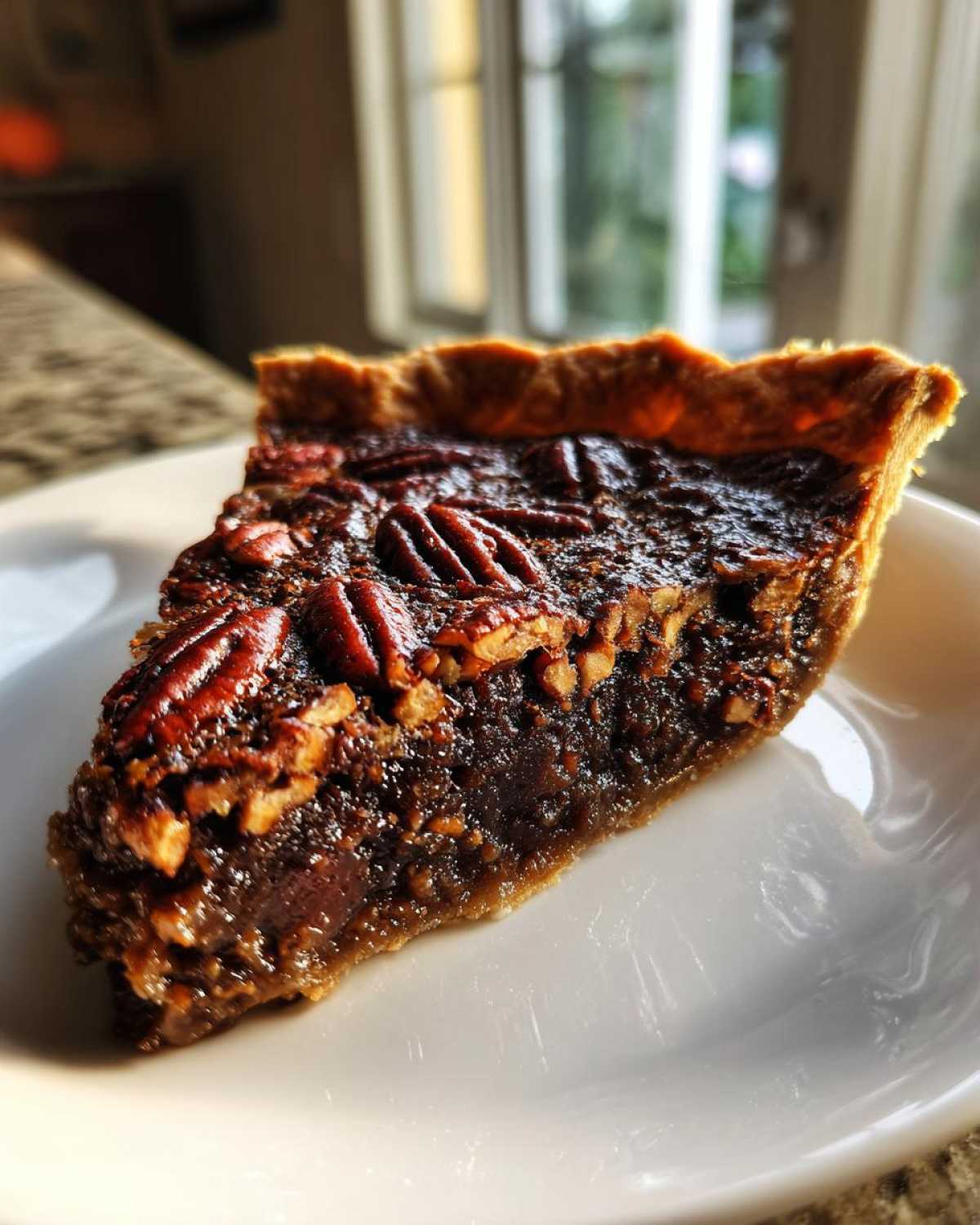 A close-up, sunlit slice of rich, gooey chocolate pecan pie topped with whole pecans.