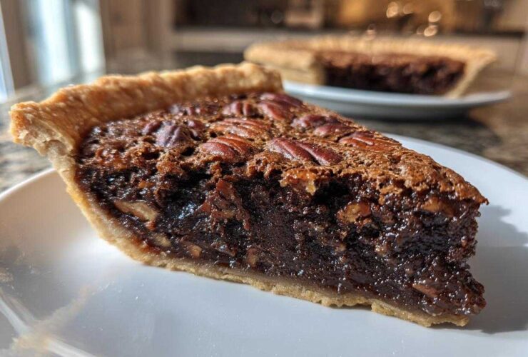 Close-up of a thick, gooey slice of chocolate pecan pie with pecans on top, resting on a white plate.