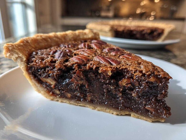 Close-up of a thick, gooey slice of chocolate pecan pie with pecans on top, resting on a white plate.